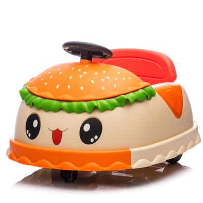 Toy car shaped like a hamburger with a smiling face on a white background