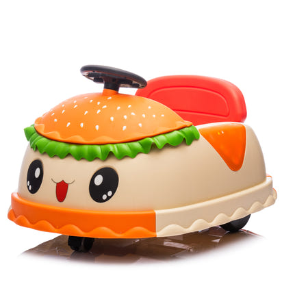 Toy car shaped like a hamburger with a face on a white background