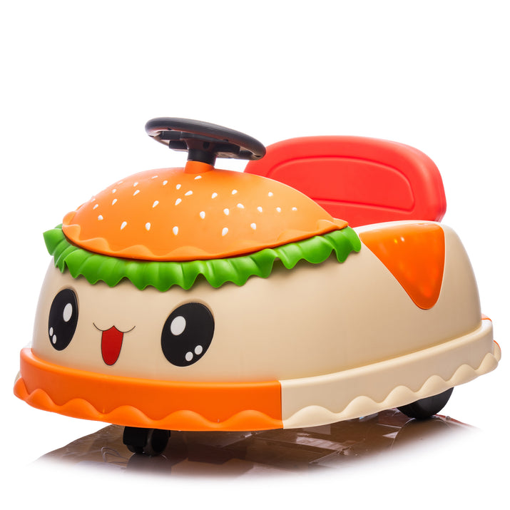 Toy car shaped like a hamburger with a face on a white background
