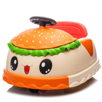 Toy car shaped like a hamburger with a face on a white background