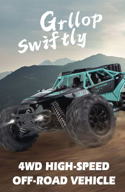 Kids 4WD RC car offroad buggy with 35KM/H high-speed drift and durable tires for racing on outdoor background