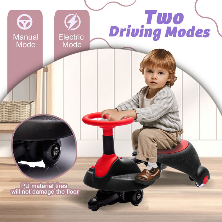 Kids 6V electric ride-on car with flashing PU wheels and retractable seat for fun driving on indoor background