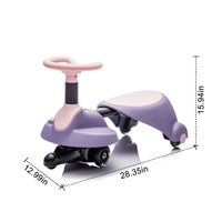 Purple and pink toy car with dimensions on a white background