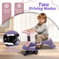 Child playing on a purple toy car with two driving modes indicated.
