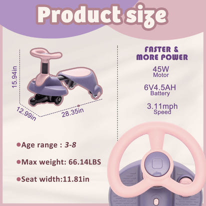 Product size chart with specifications of a toy vehicle on a light purple background