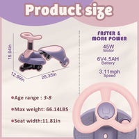 Product size chart with specifications of a toy vehicle on a light purple background