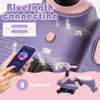 Purple scooter with Bluetooth connection features, smartphone app illustration, and musical notes.