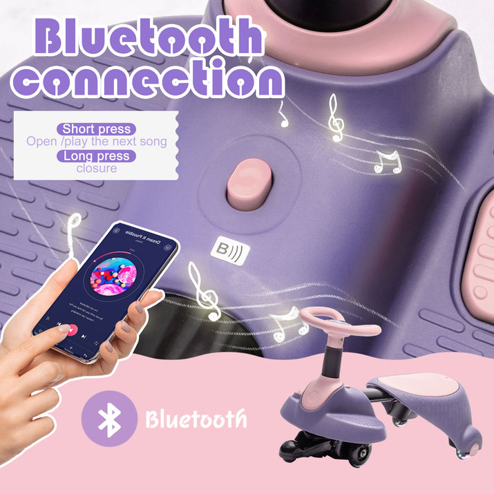 Purple scooter with Bluetooth connection features, smartphone app illustration, and musical notes.