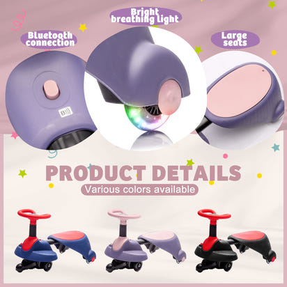 Children's toy scooter with features like Bluetooth connection, bright breathing light, and large seats on a colorful background.