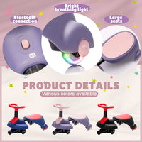 Children's toy scooter with features like Bluetooth connection, bright breathing light, and large seats on a colorful background.