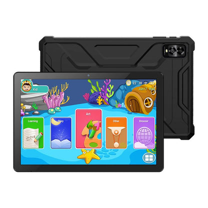 Tablet with a colorful underwater-themed app interface and black protective case.