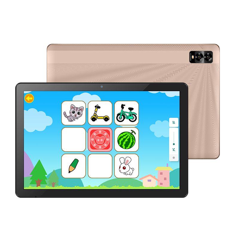 Tablet with educational app on screen and beige case on white background