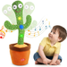 Child playing with a cactus-shaped toy that sings and dances, with musical notes around it.