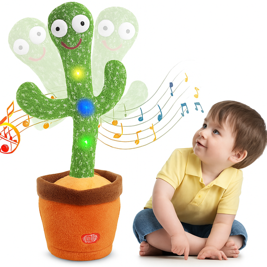 Child playing with a cactus-shaped toy that sings and dances, with musical notes around it.