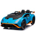 Blue and orange toy car with black interior on a white background