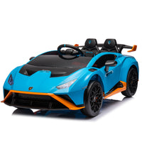 Blue and orange toy car with black interior on a white background