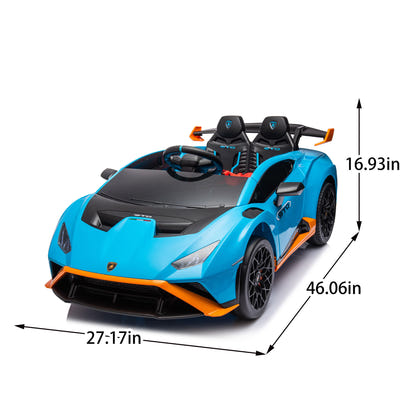 Blue toy sports car with dimensions indicated on a white background