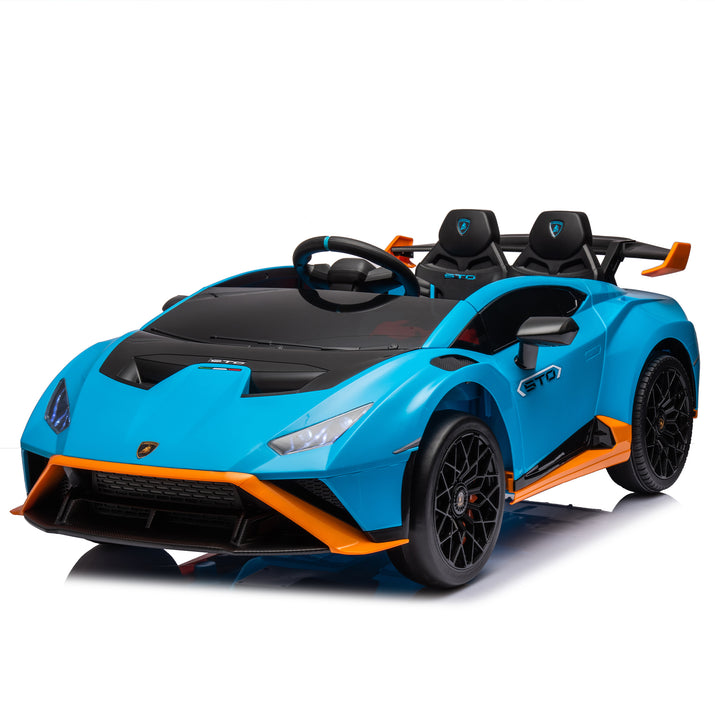 Blue and orange toy car with black accents on a white background
