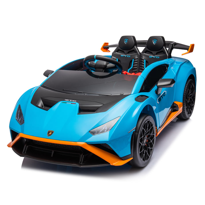 Blue and orange toy car with black interior on a white background