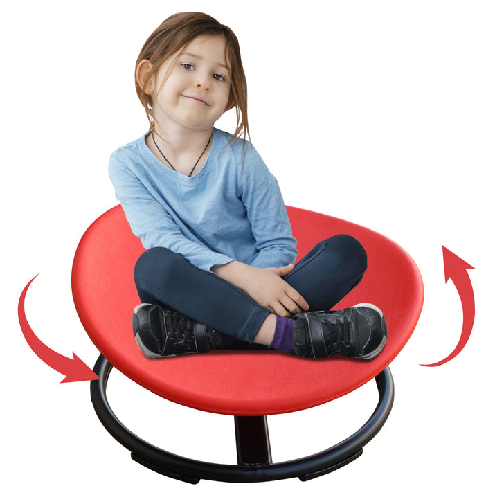 Child sitting on a red balance chair with arrows indicating movement