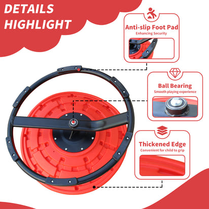 Red and black wheel with features highlighted on a white background