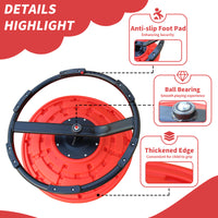 Red and black wheel with features highlighted on a white background