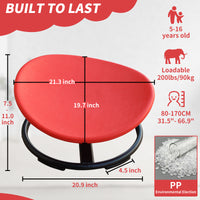 Red stool with measurements and safety information on a white background