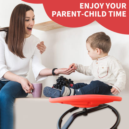 Woman and child using a red balance chair with text 'Enjoy Your Parent-Child Time'.