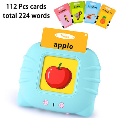 Educational toy with card displaying an apple and text, surrounded by additional educational cards.