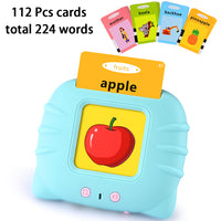 Educational toy with card displaying an apple and text, surrounded by additional educational cards.