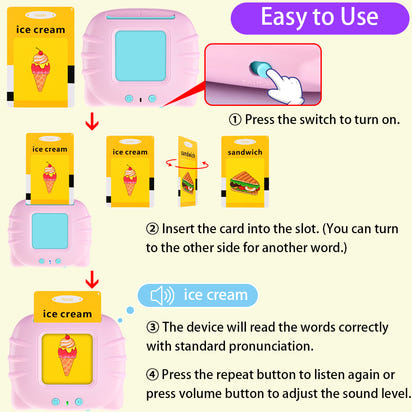 Instructions for using a educational device with cards labeled 'ice cream' and 'sandwich'.