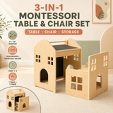 3-in-1 Montessori toddler table and chair set with storage and chalkboard