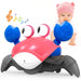 Colorful toy crab with musical notes and a baby in a pink hat behind it on a white background