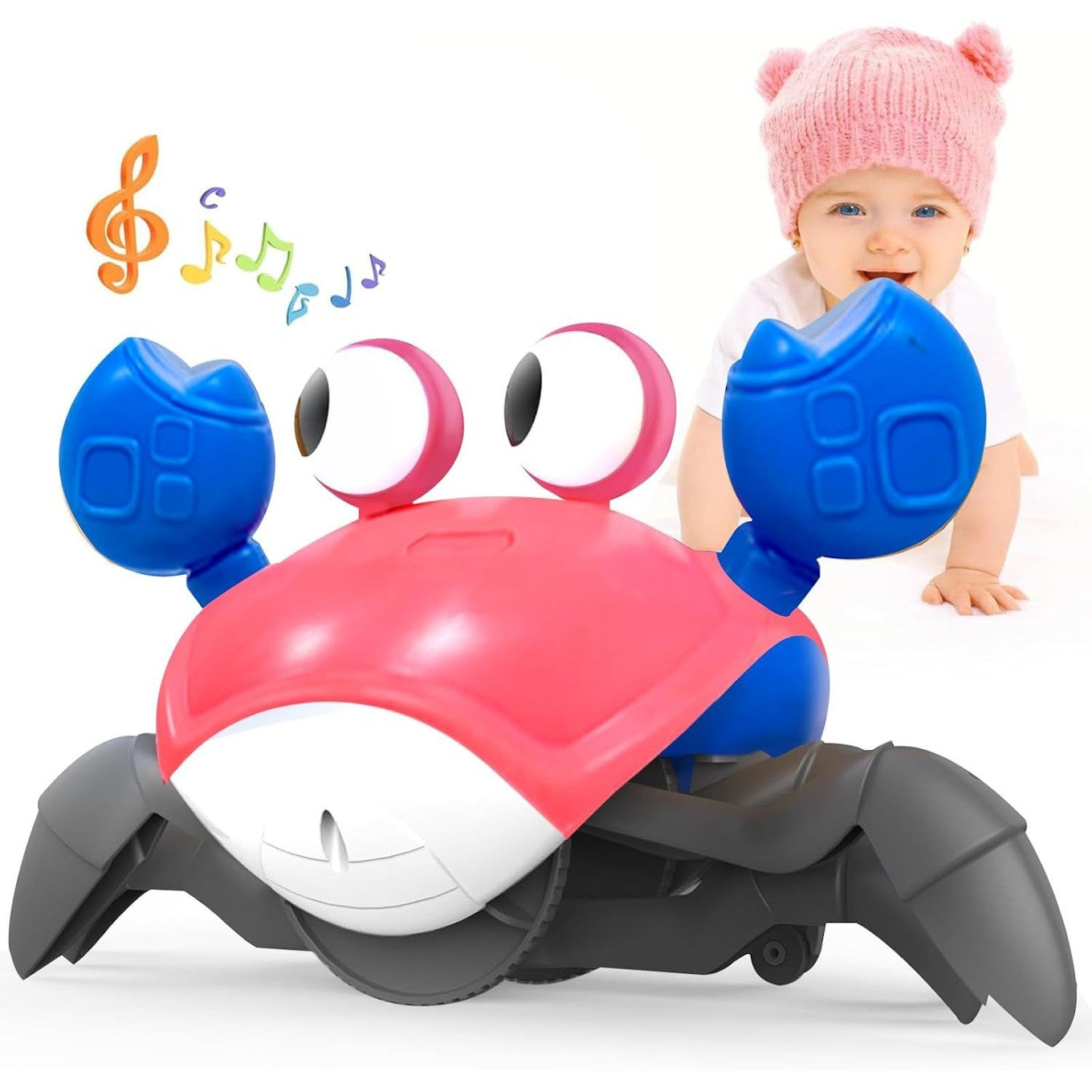 Colorful toy crab with musical notes and a baby in a pink hat behind it on a white background