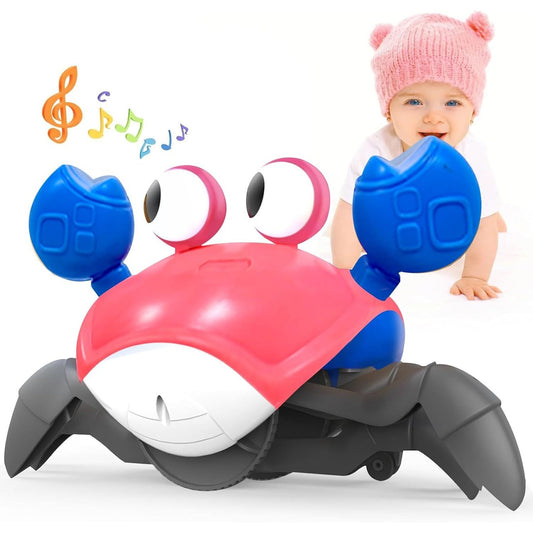 Colorful toy crab with musical notes and a baby in a pink hat behind it on a white background
