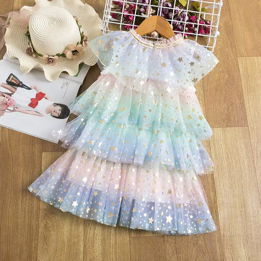 🌈 StarryTwirl™ Girls’ Summer Rainbow Star Net Yarn Princess Dress ✨ – Magical, Colorful & Breathable!