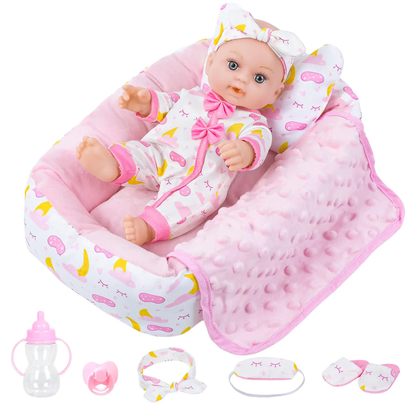 🍼✨ DreamSnuggle™ 12" Baby Doll Crib Playset – Complete with Clothes, Bassinet, Bottles & Accessories | Gift for Ages 3+