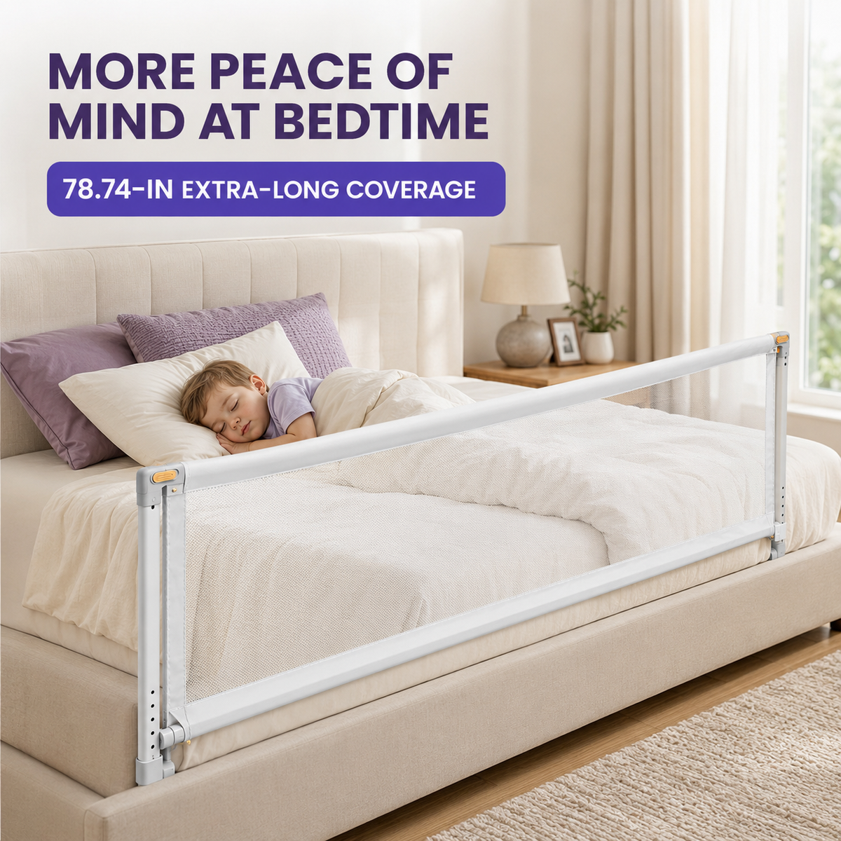Extra-long toddler bed rail installed on a family bed for bedtime reassurance