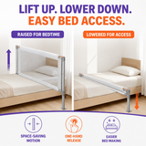 Toddler bed rail vertical lift raised and lowered positions