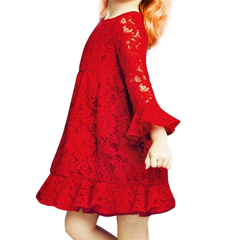 Girls Lace Flowers Long Sleeve Dress - The Little Big Store