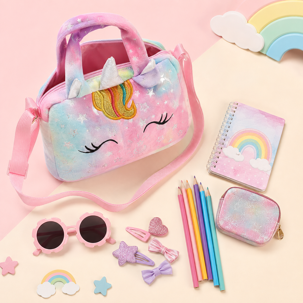 Unicorn handbag with everyday treasures flat lay