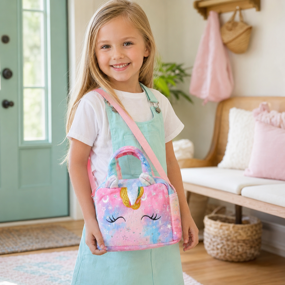 Girl wearing rainbow unicorn crossbody handbag