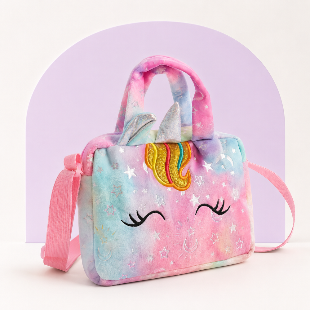Rainbow unicorn handbag studio product photo