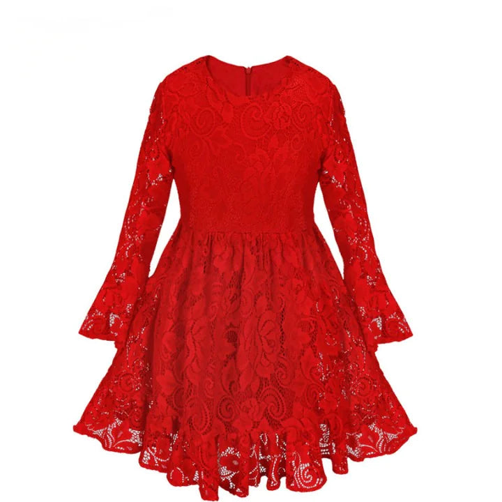 Girls Lace Flowers Long Sleeve Dress - The Little Big Store