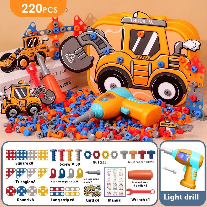 Kids Electric Screw Tool Box – 210 to 220 PCS DIY Construction Toy Set with Optional Electric Drill for Creative Building Play