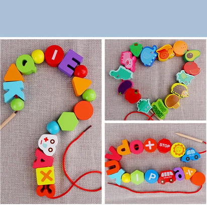 Wooden Toys Cartoon Fruit Animal Stringing Threading - The Little Big Store