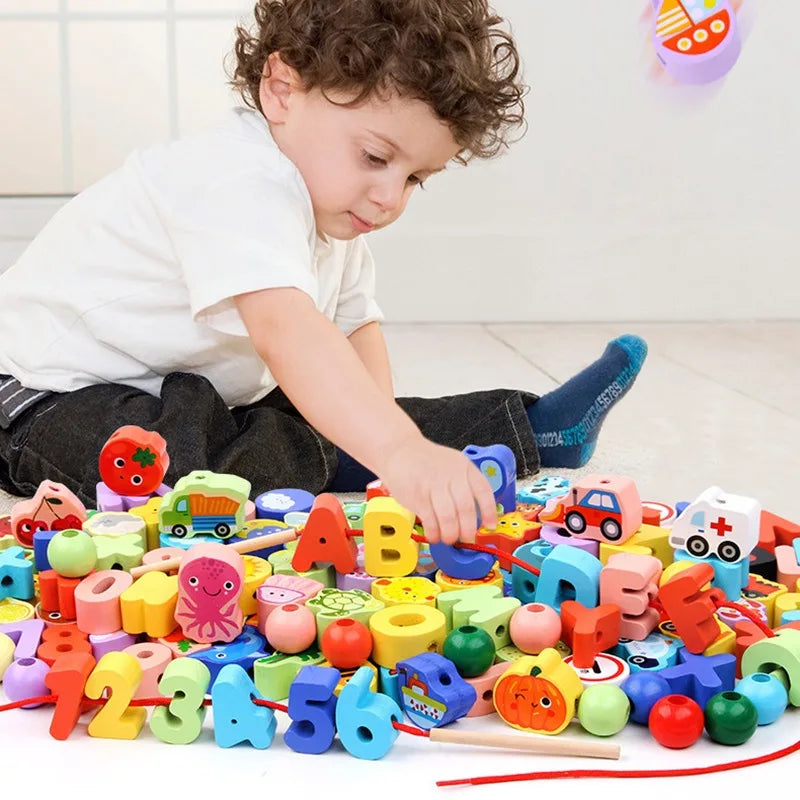Wooden Toys Cartoon Fruit Animal Stringing Threading - The Little Big Store