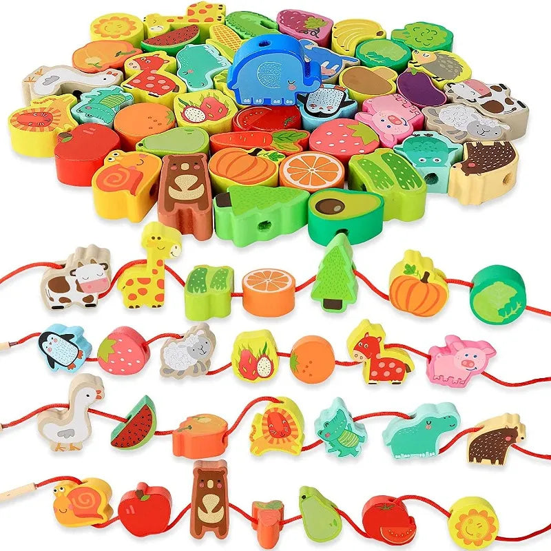 Wooden Toys Cartoon Fruit Animal Stringing Threading - The Little Big Store