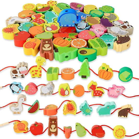 Wooden Toys Cartoon Fruit Animal Stringing Threading - The Little Big Store