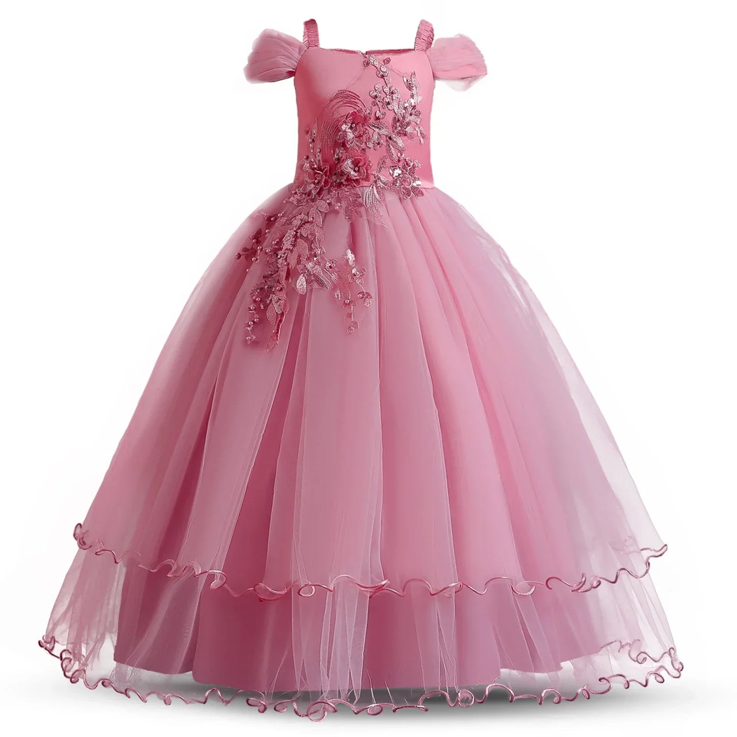 Radiant Royalty: Appliquéd Flower Princess Gown